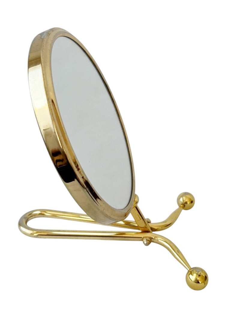 Vintage Brass Double Sided Vanity Mirror, Round Table Makeup Mirror With 5x Magnifying Side