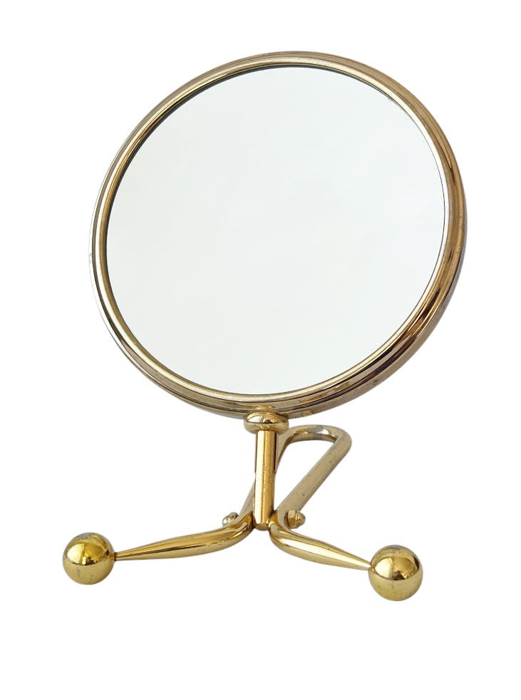 Vintage Brass Double Sided Vanity Mirror, Round Table Makeup Mirror With 5x Magnifying Side