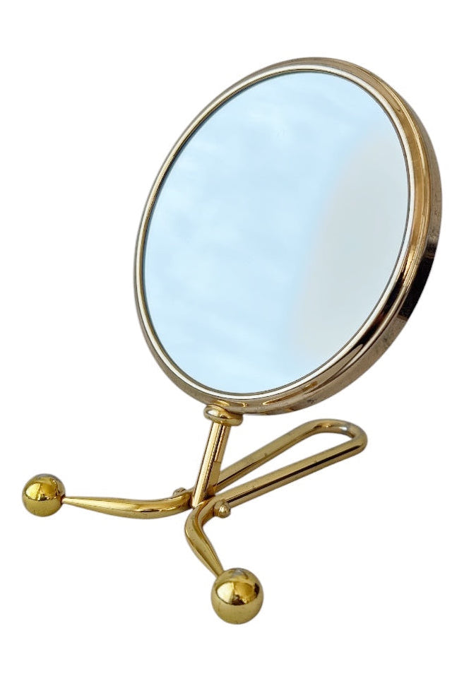 Vintage Brass Double Sided Vanity Mirror, Round Table Makeup Mirror With 5x Magnifying Side