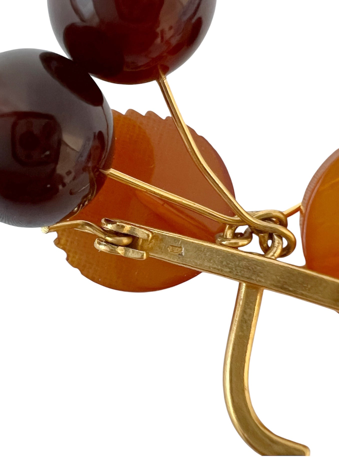 Vintage Amber Cherry Brooch, Soviet Gold Plated Fruit Pin, 1980s USSR Jewellery