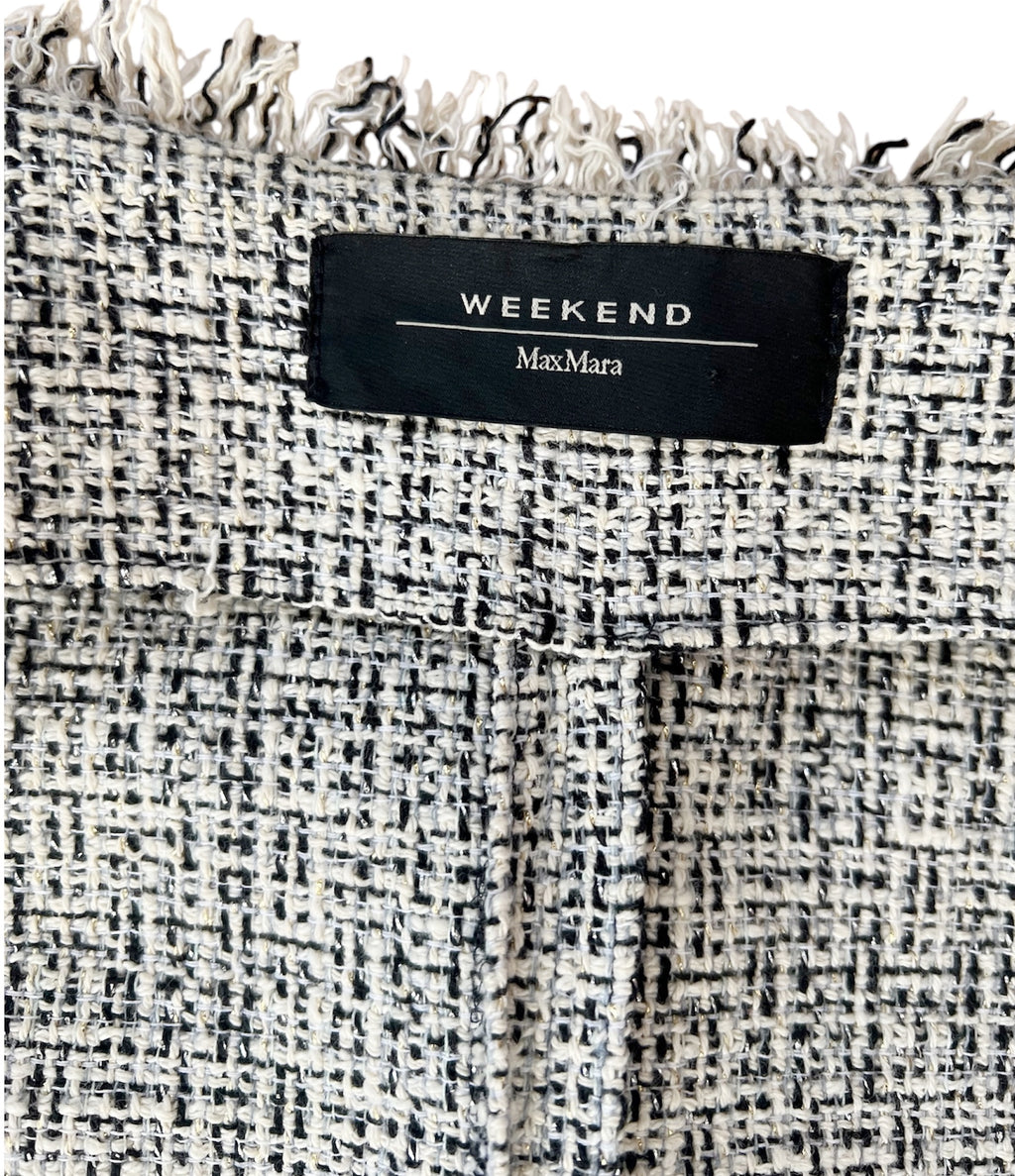 Weekend Max Mara Tweed Coat Jacket, Collarless Frayed Trim, Metallic Cotton Blend