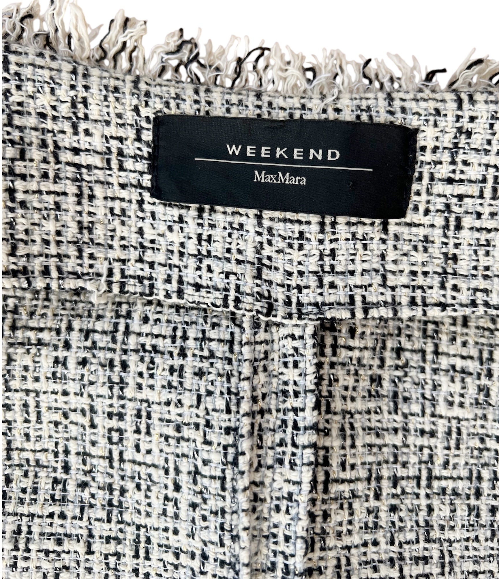 Weekend Max Mara Tweed Coat Jacket, Collarless Frayed Trim, Metallic Cotton Blend