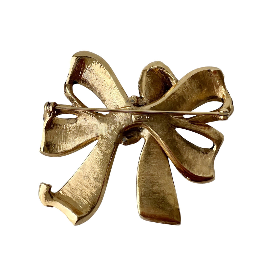 Vintage L’OFFICIEL Italy Black Enamel Bow Brooch Gold Tone Crystal Pin