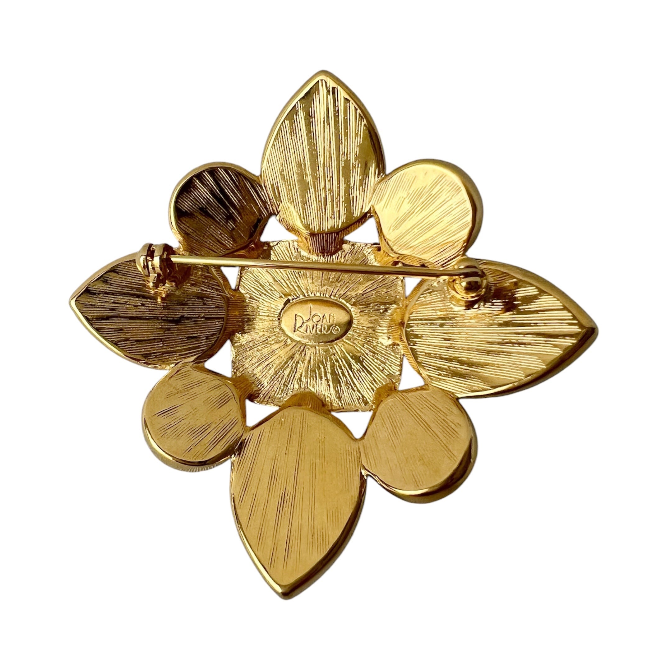 Vintage Joan Rivers Maltese Cross Brooch Gold Tone Cabochon Faux Pearl Pin