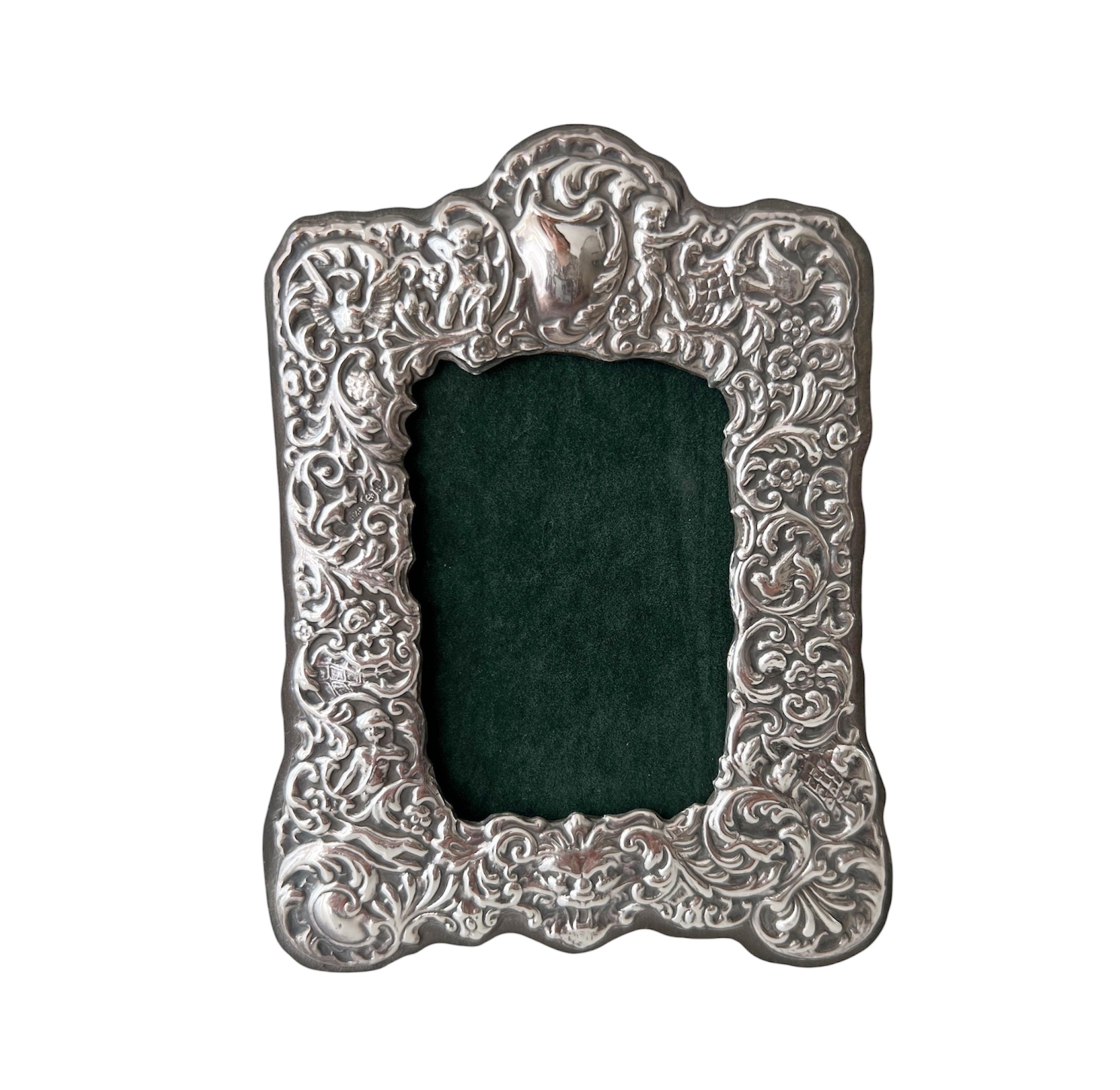 Rya Hall Sterling Photo Frame, Birmingham 2000, Cherub Scroll Design