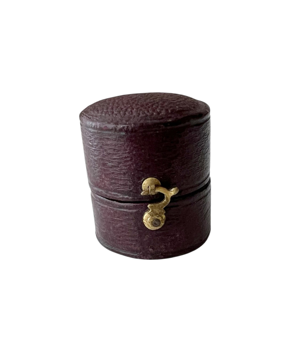Antique Leather Ring Case, Round Burgundy Jewellery Display, Small Proposal Holder