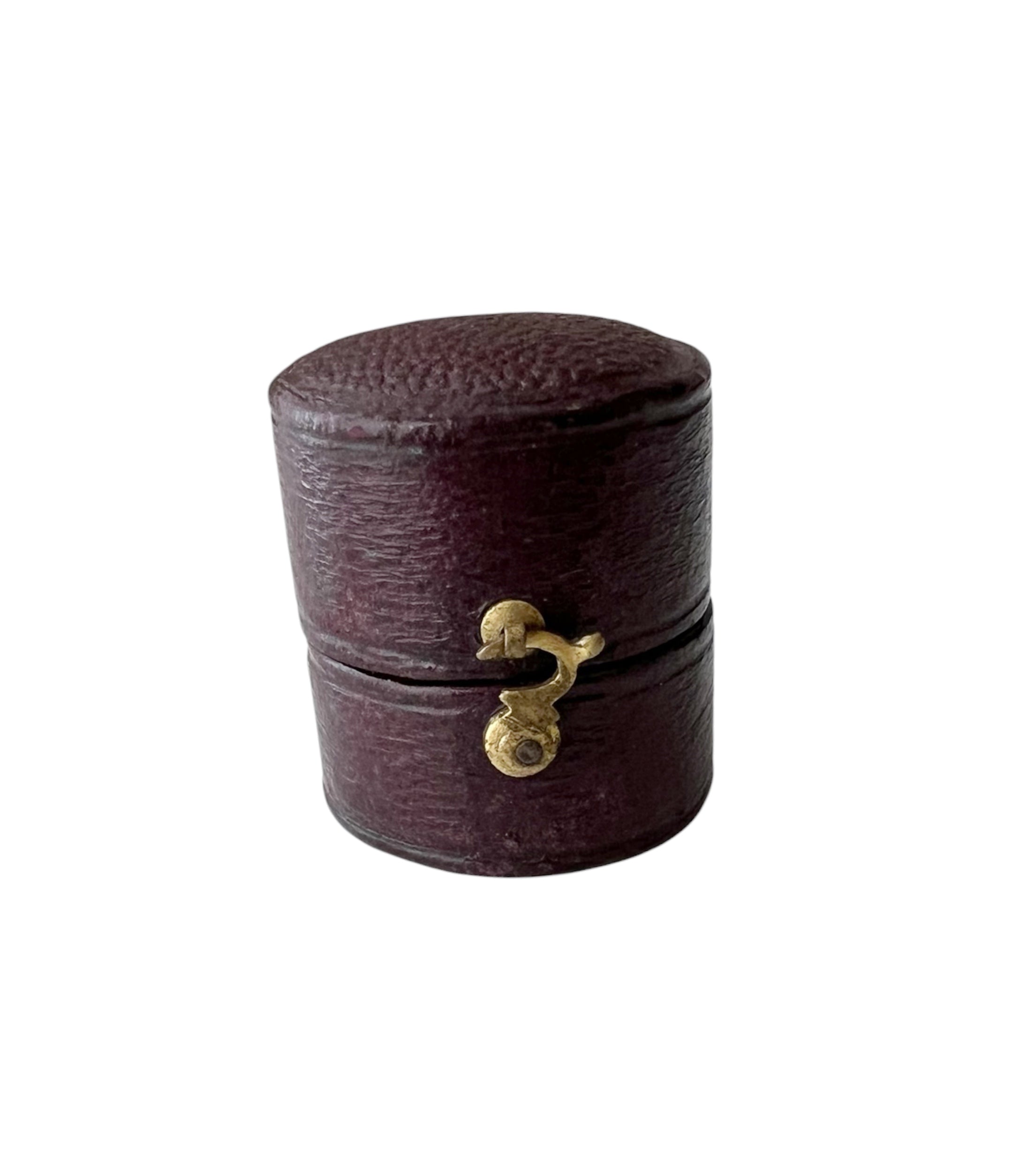 Antique Leather Ring Case, Round Burgundy Jewellery Display, Small Proposal Holder