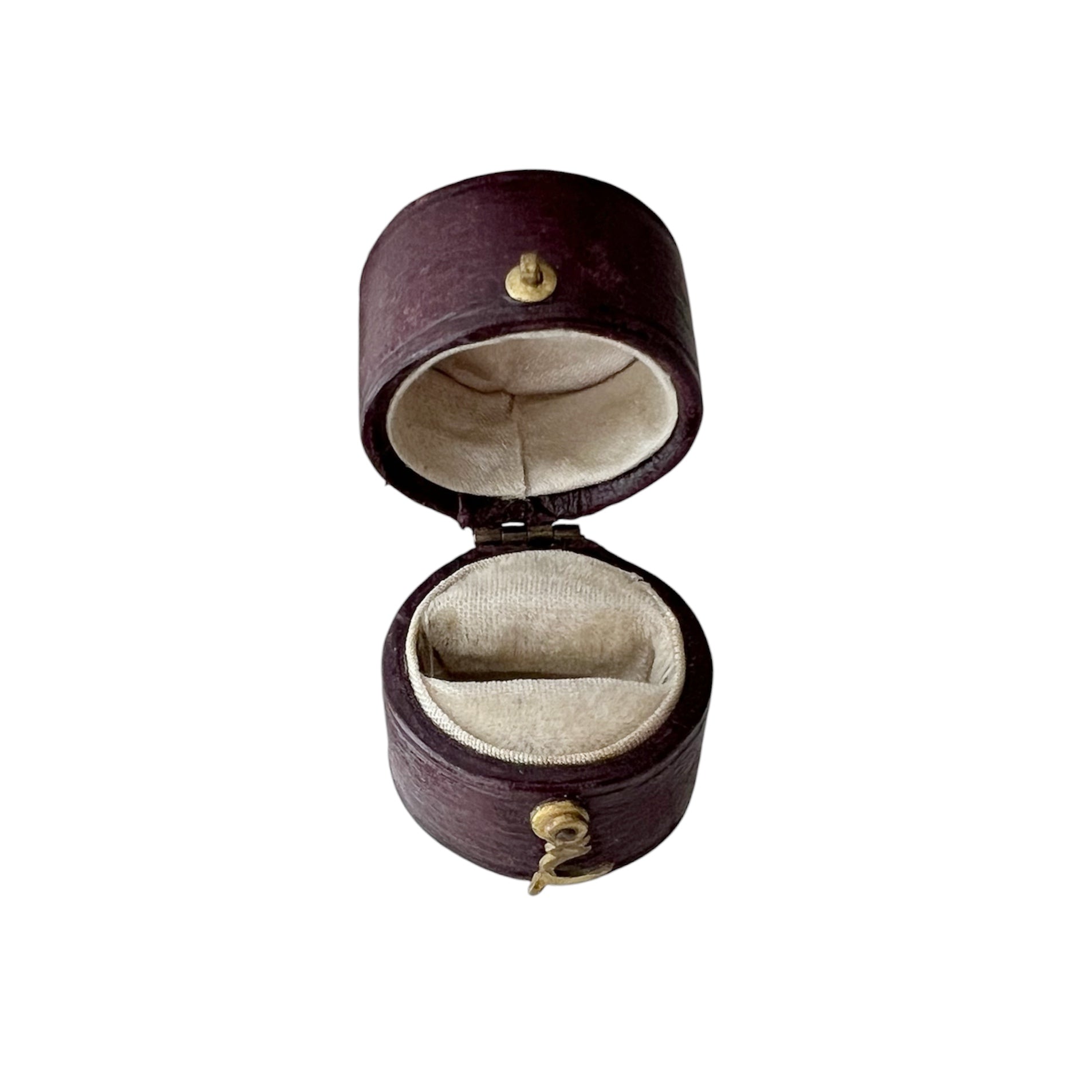Antique Leather Ring Case, Round Burgundy Jewellery Display, Small Proposal Holder