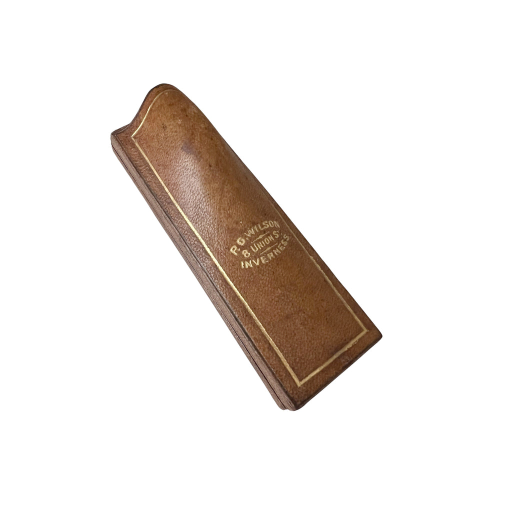 Antique Leather Long Brooch Case, P. G. Wilson Inverness, Purple Silk Blue Velvet Jewellery Box