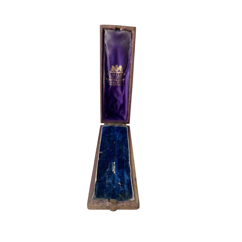 Antique Leather Long Brooch Case, P. G. Wilson Inverness, Purple Silk Blue Velvet Jewellery Box