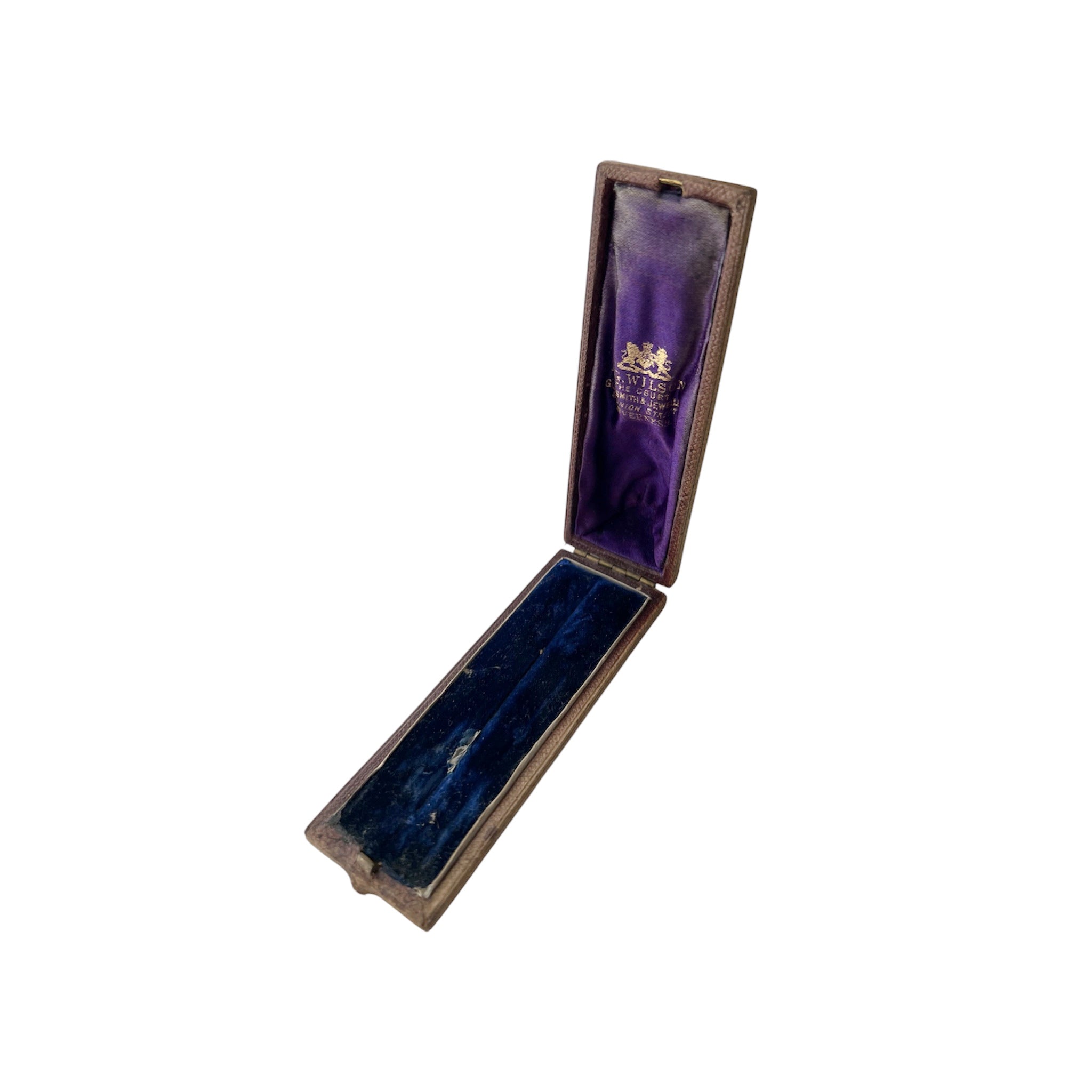 Antique Leather Long Brooch Case, P. G. Wilson Inverness, Purple Silk Blue Velvet Jewellery Box