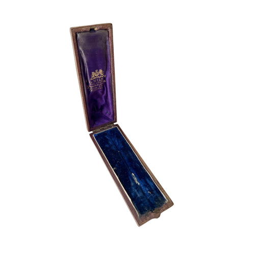 Antique Leather Long Jewellery Case, P. G. Wilson Inverness, Purple Silk Blue Velvet Jewellery Box