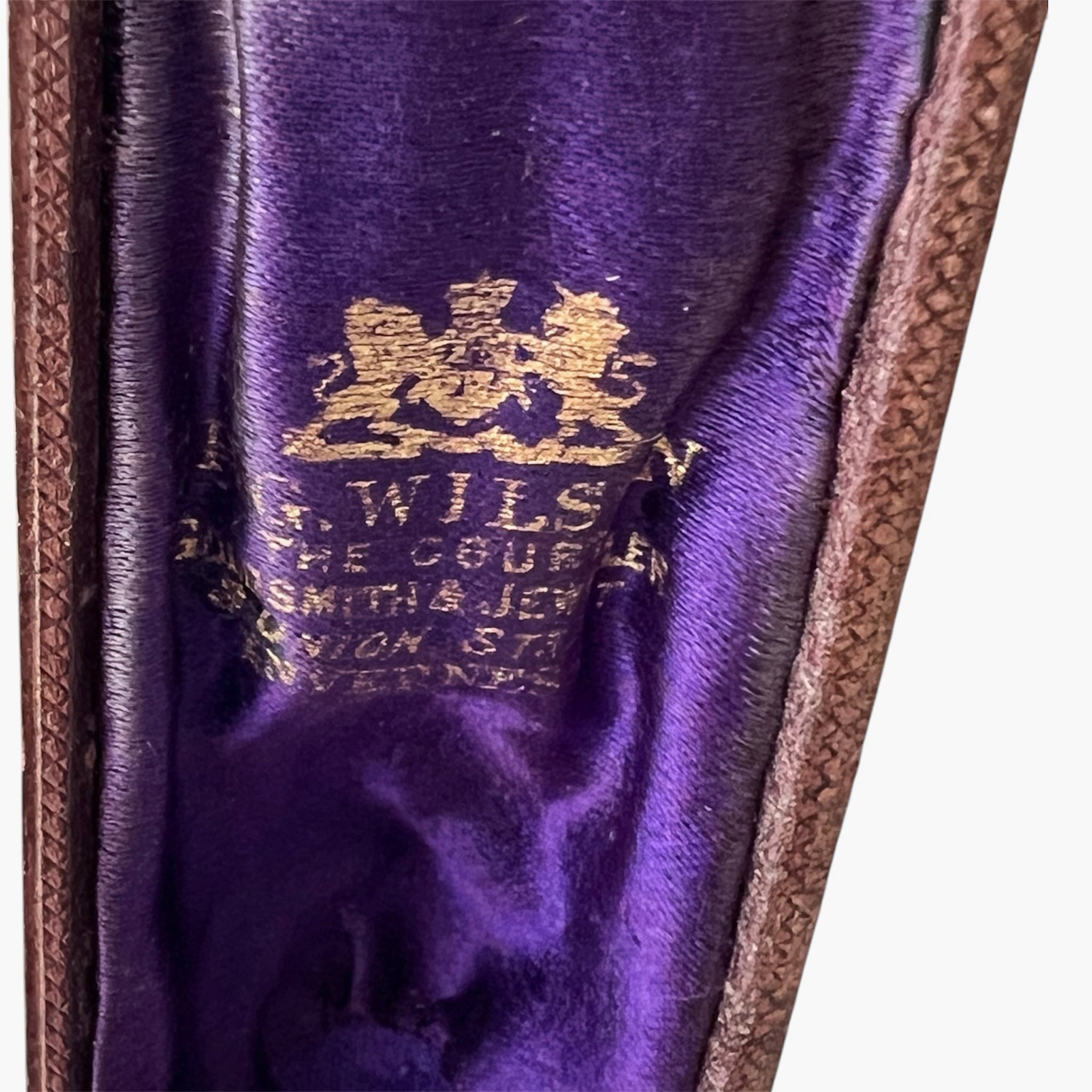 Antique Leather Long Brooch Case, P. G. Wilson Inverness, Purple Silk Blue Velvet Jewellery Box