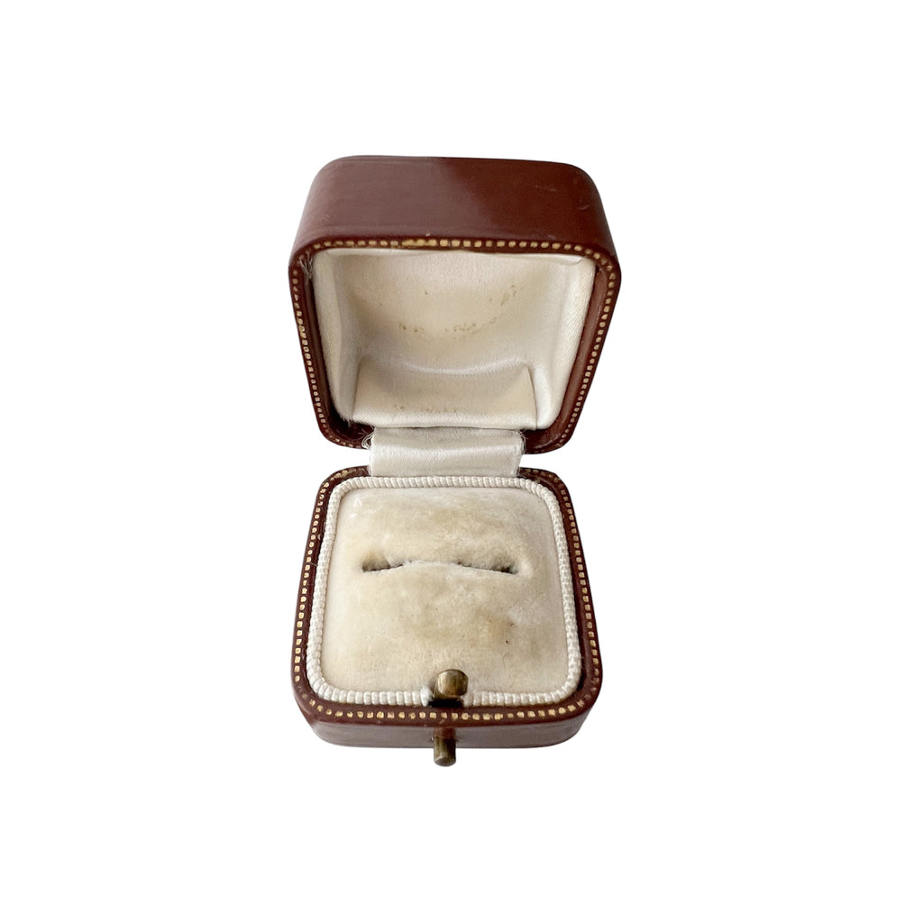 Antique Brown Leather Ring Box Gilt Trim Cream Velvet Interior