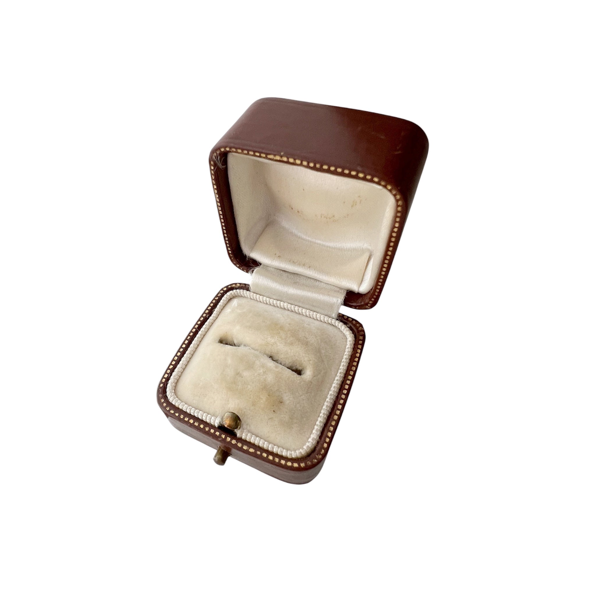Antique Brown Leather Ring Box Gilt Trim Cream Velvet Interior