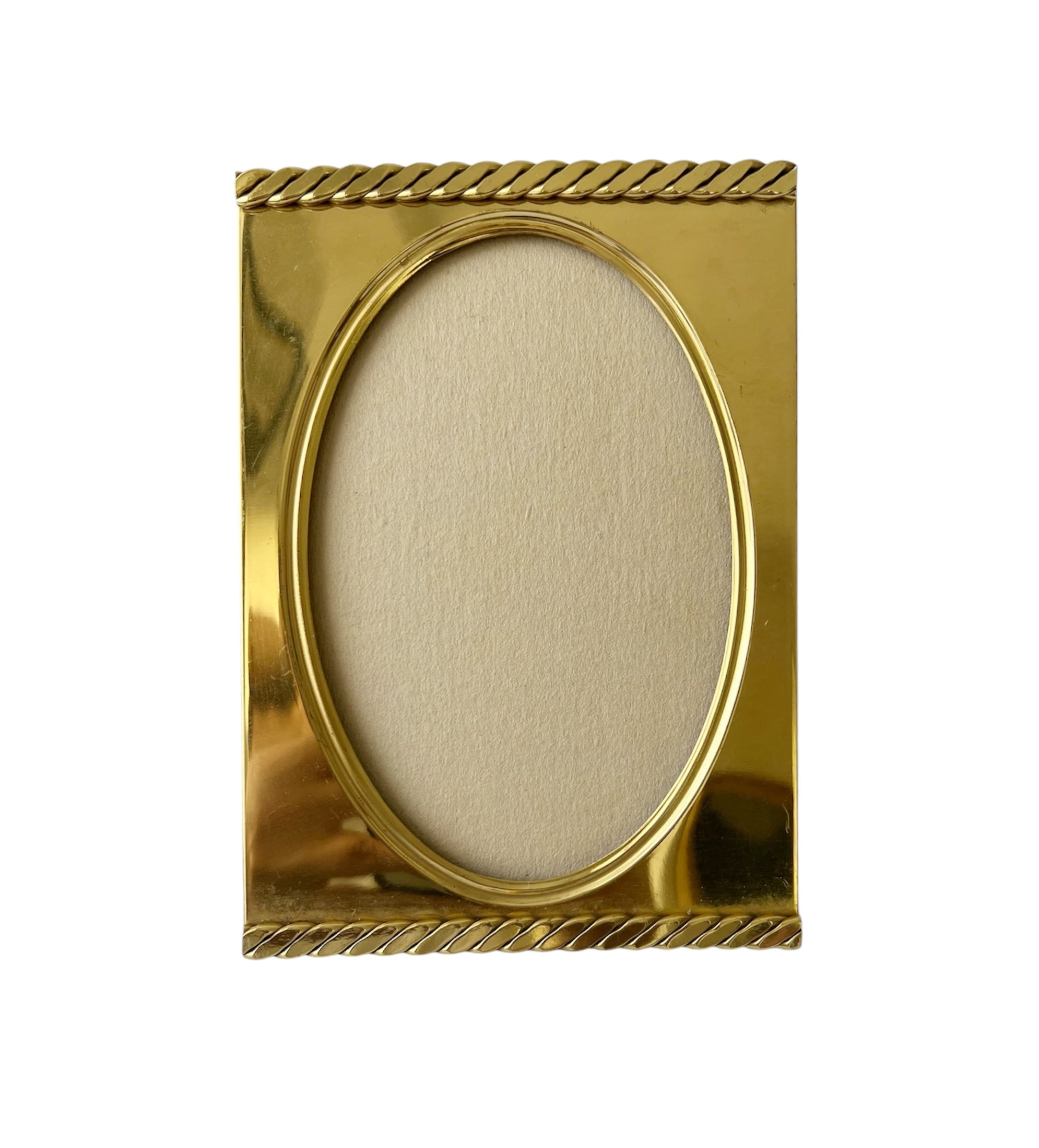 Vintage Brass Oval Photo Frame with Convex Glass, Rope Edge Standing Picture Frame