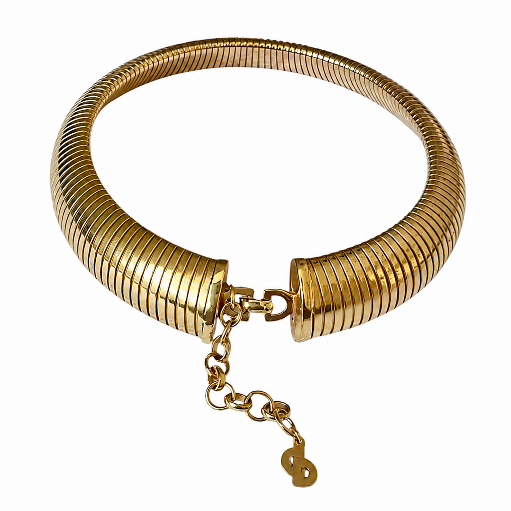 Vintage Christian Dior Omega Choker Necklace Gold Plated Metal Signed Chr. Dior Grosse Boxed