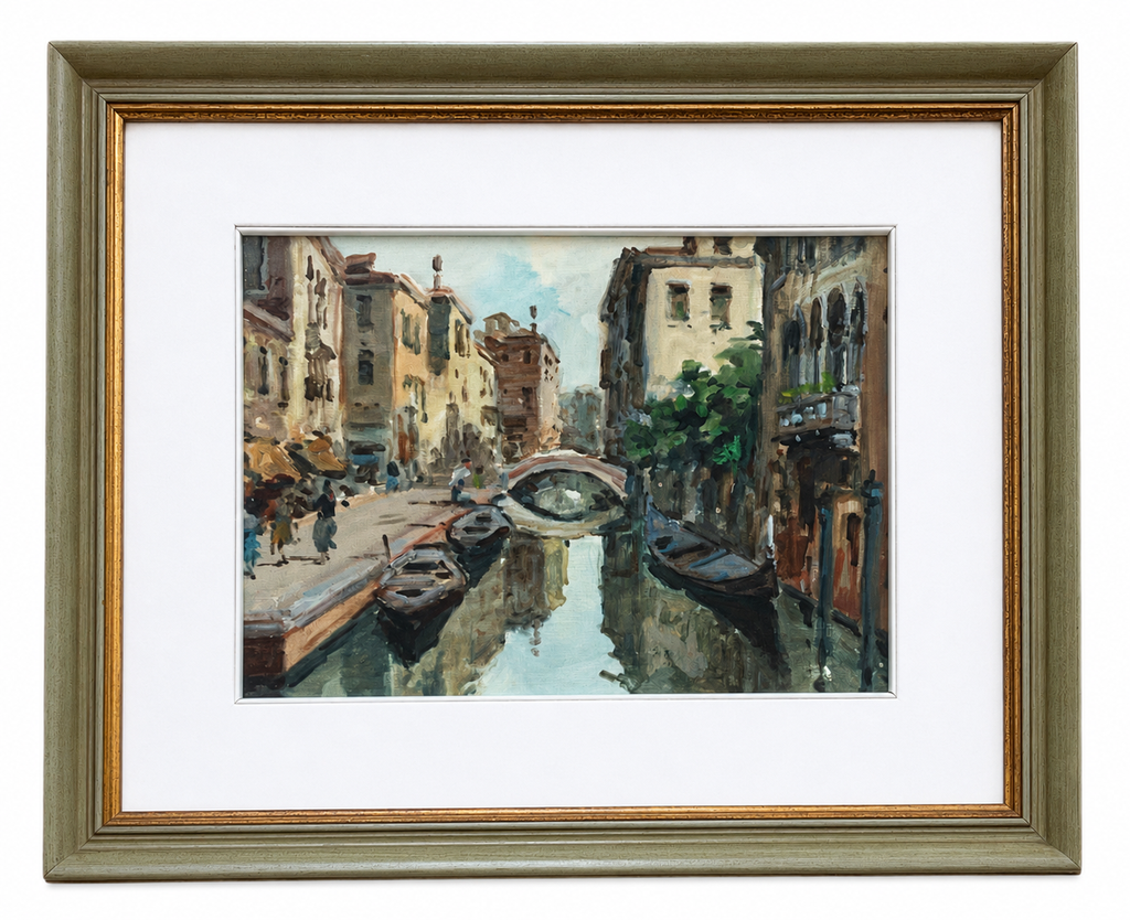 Bridda Rio S. Felice Venice Oil On Board Painting, Mid Century Venetian Canal Scene, Framed