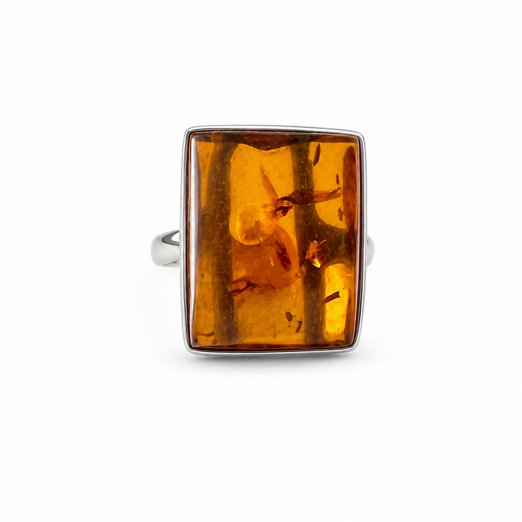 Vintage Baltic Amber Sterling Silver Ring - Honey Hue, UK size Q.
