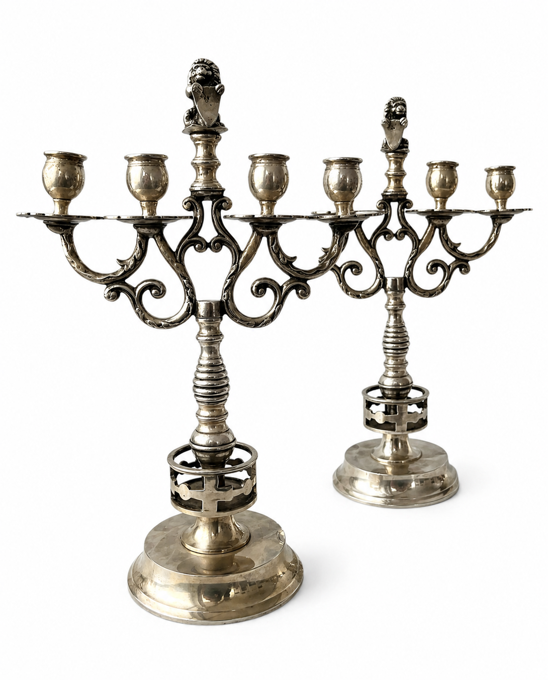 Antique Silver Plated Candelabra Pair, Heraldic Lion Gothic Candle Holders