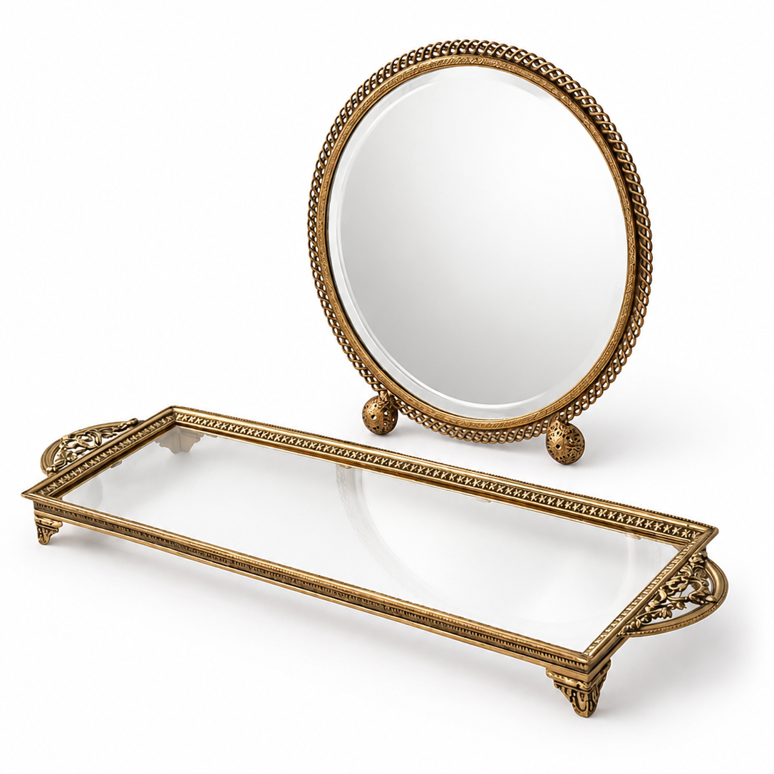 Vintage Brass Vanity Set With Glass Tray And Round Beveled Dressing Table Mirror