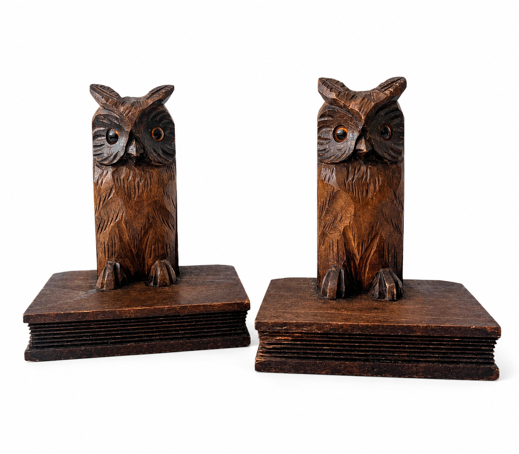 Vintage Hand-Carved Owl Bookends, 1960s–1970s Wooden Bookends