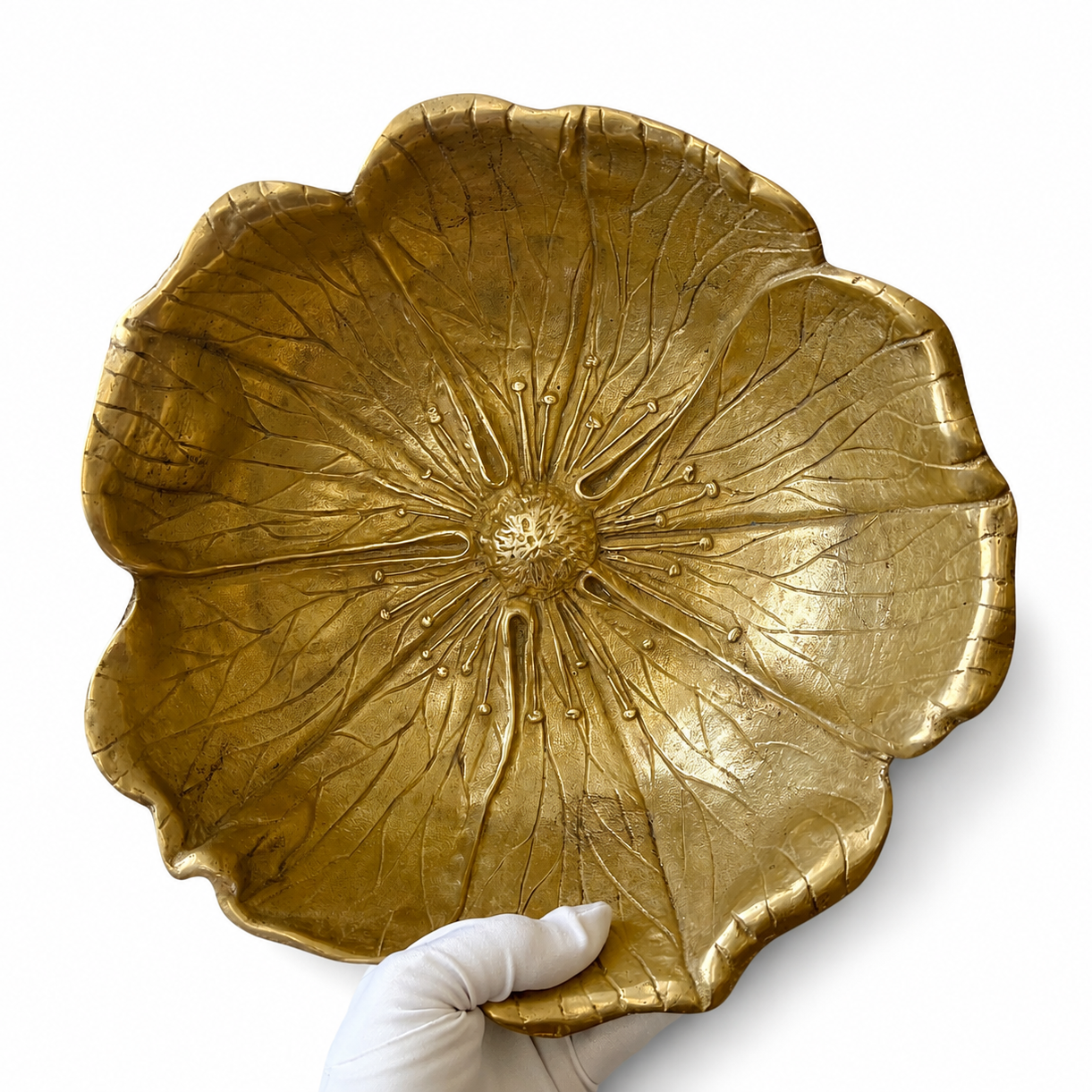 Vintage Solid Brass Flower Bowl, Heavy Bronze Gold Sculptural Centrepiece, Large Floral Decorative Bowl