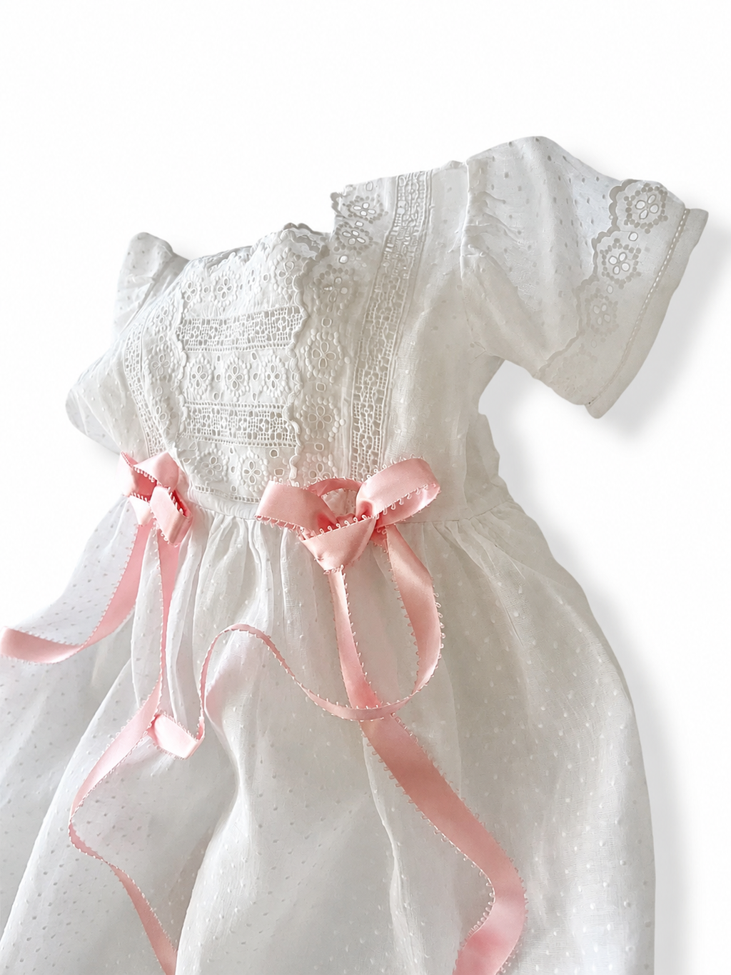 Vintage Eminence Paris Christening Gown, French White Batiste Lace Baby Dress With Pink Ribbons