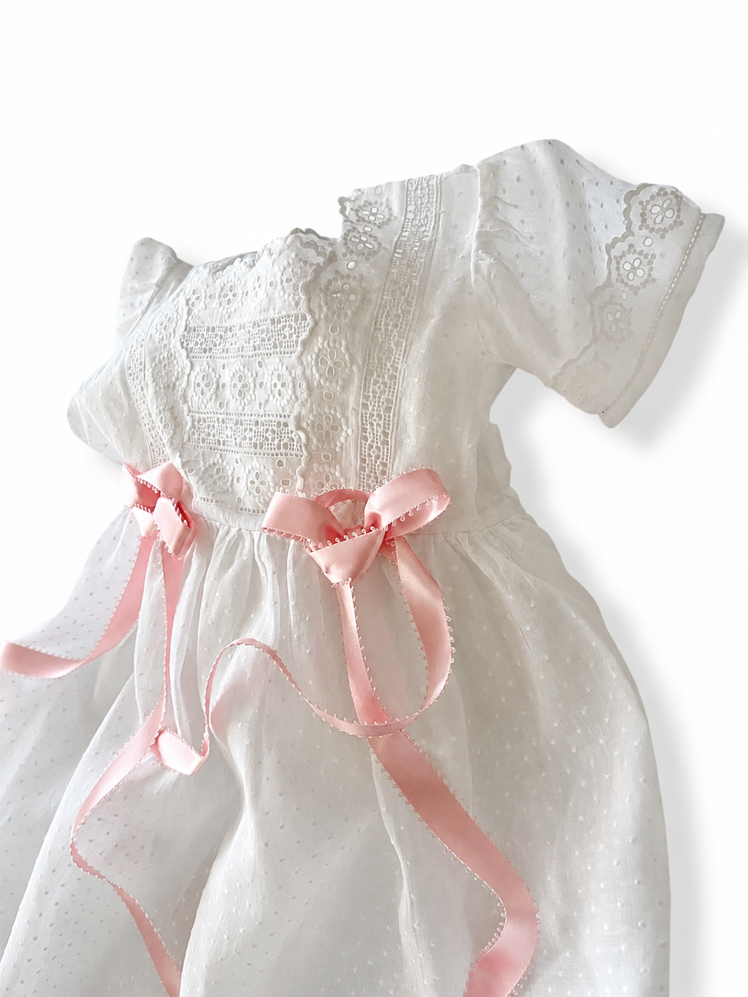 Vintage Eminence Paris Christening Gown, French White Batiste Lace Baby Dress With Pink Ribbons