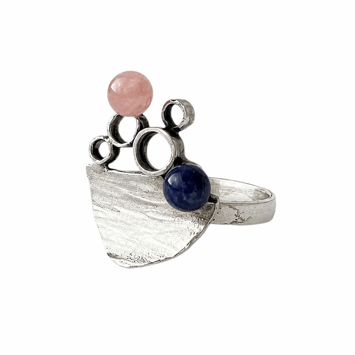 Vintage Modernist 835 Silver Ring, Rose Quartz Lapis Lazuli, Sculptural Statement Ring