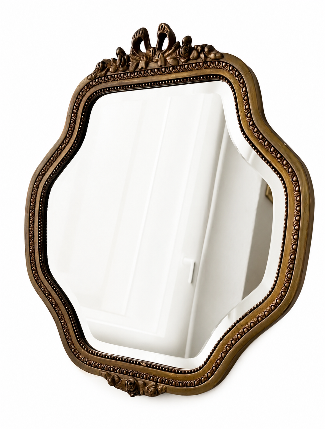 Vintage Louis XVI Style Wall Mirror, Belgian Gilt Wood And Stucco Beveled Mirror