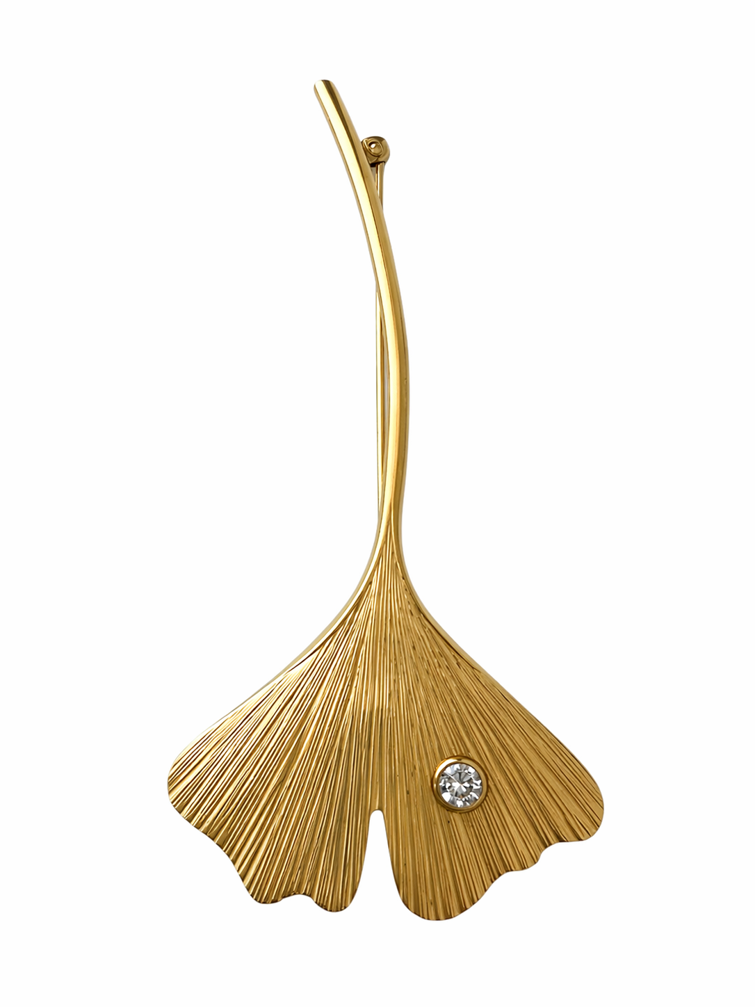 Vintage 9ct Gold Ginkgo Leaf Brooch, 375 Pin with Cubic Zirconia