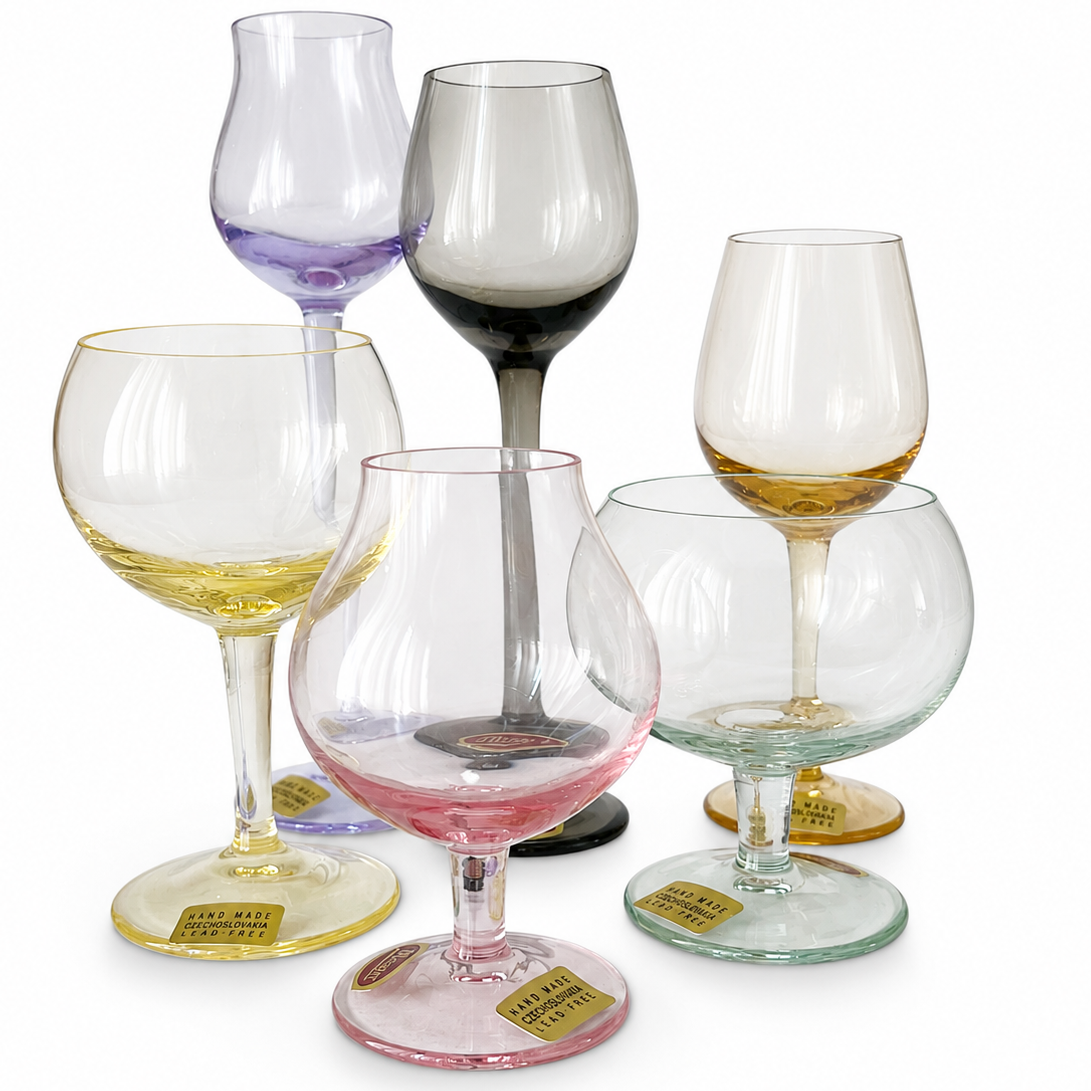 Moser Coloured Crystal Miniature Liqueur Glass Set of 6, Boxed Czech Glass, Hand Made Czechoslovakia Lead Free, Original Moser Box
