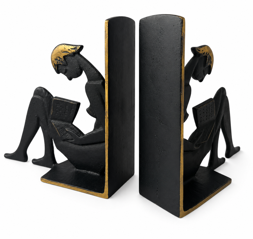 Vintage 1950s Brass Reading Girl Bookends, Black And Gold Mid Century Bookends