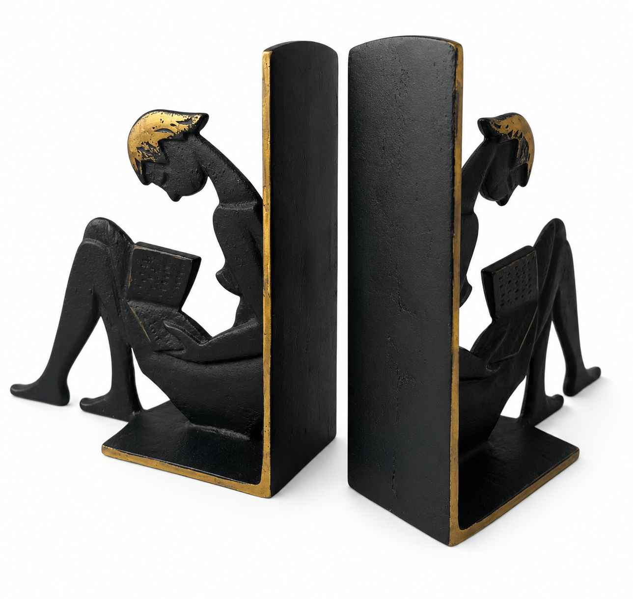 Vintage 1950s Brass Reading Girl Bookends, Black And Gold Mid Century Bookends