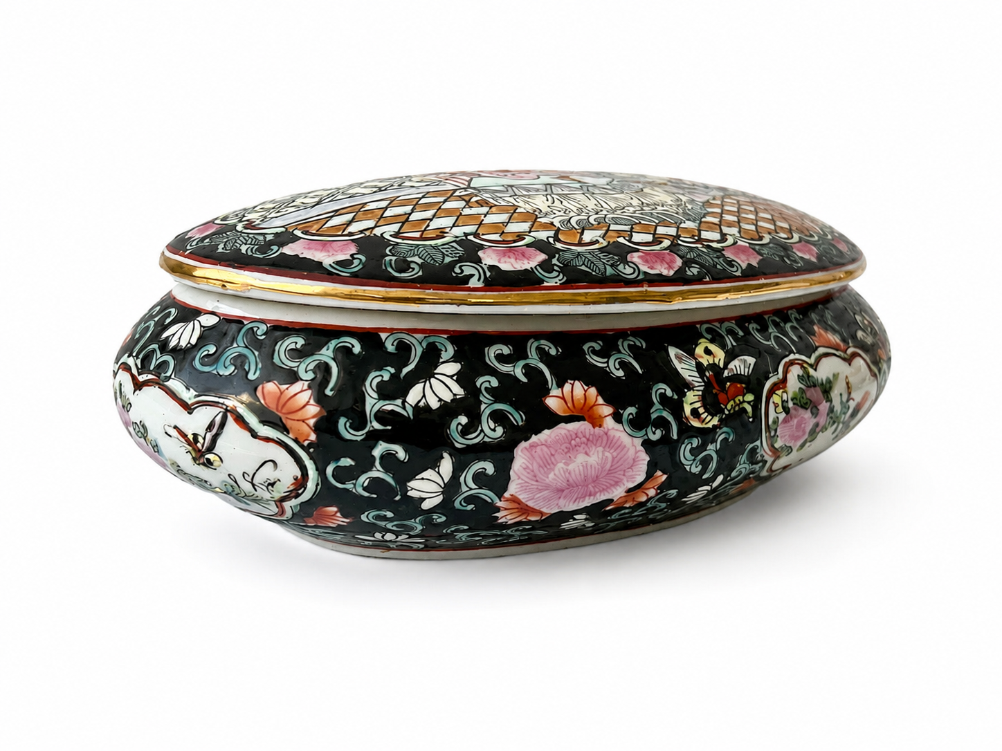 Large Vintage Chinese Porcelain Lidded Box, Hand Painted Famille Rose Court Scene, Marked Base, Jewelry Trinket Box