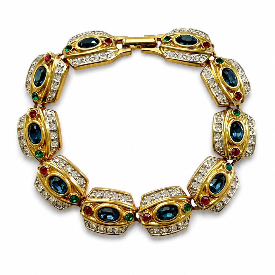Vintage Gold Tone Multicolour Rhinestone Bracelet, Signed Statement Costume Jewellery