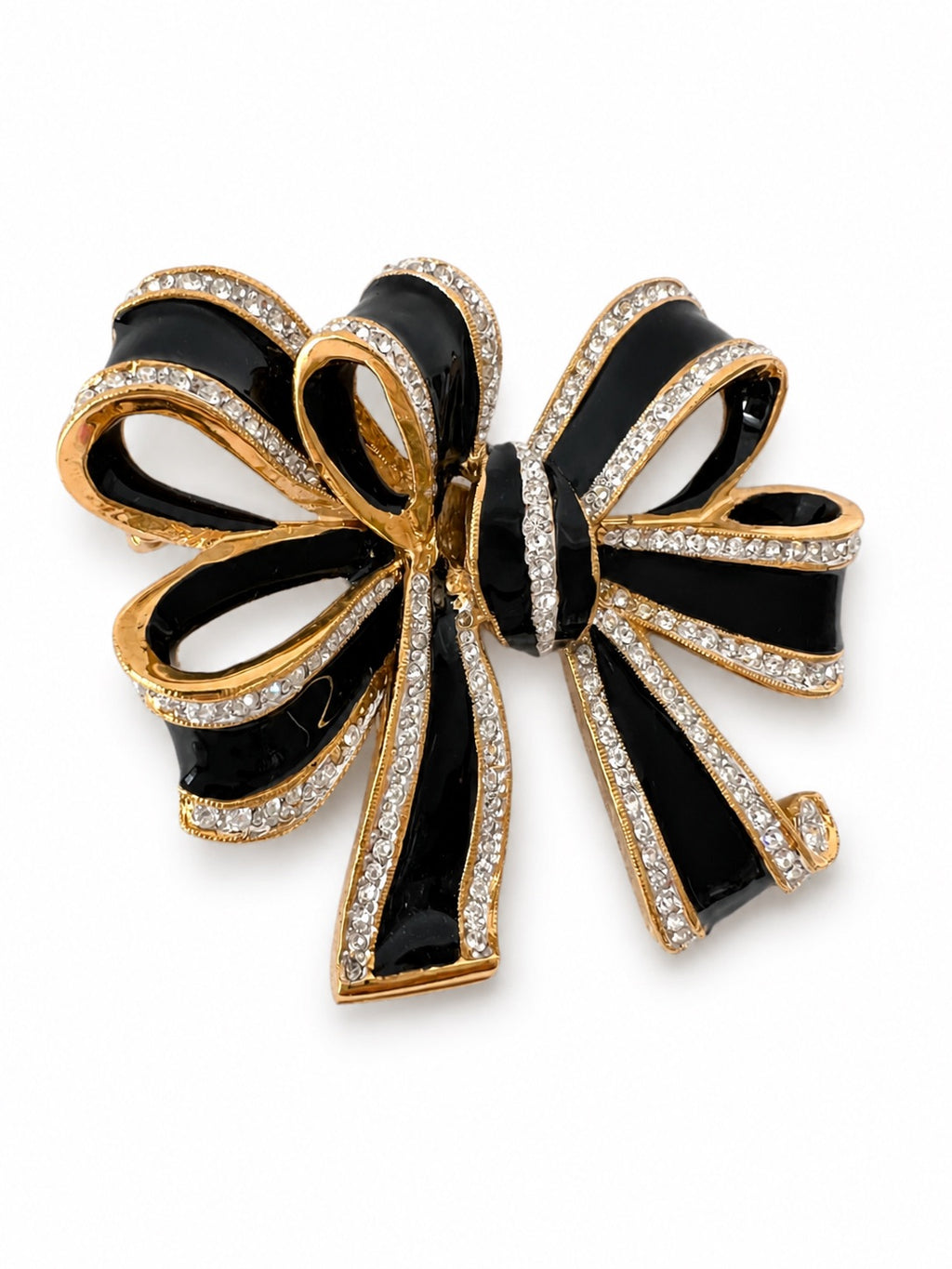 Vintage L’OFFICIEL Italy Black Enamel Bow Brooch Gold Tone Crystal Pin