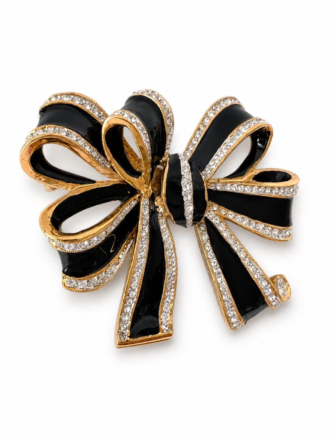 Vintage L’OFFICIEL Italy Black Enamel Bow Brooch Gold Tone Crystal Pin