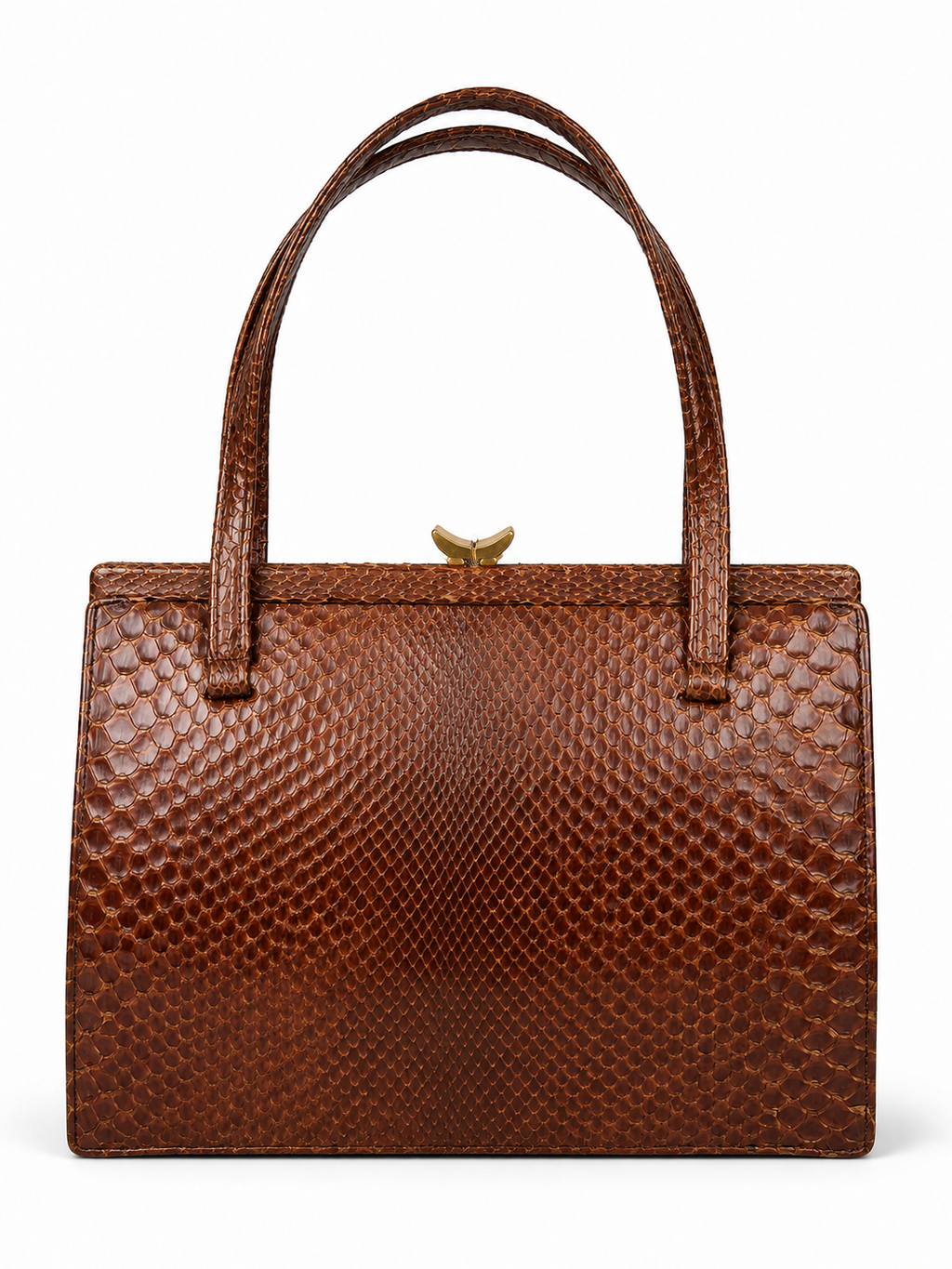 Vintage Brown Reptile Textured Leather Handbag With Brass Clasp And Leather Lining