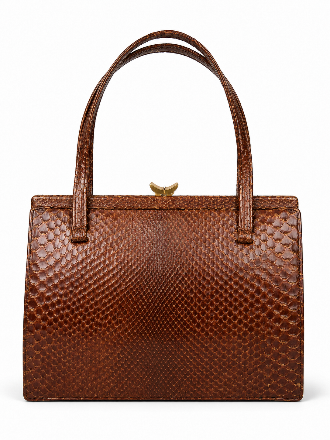Vintage Brown Reptile Textured Leather Handbag With Brass Clasp And Leather Lining