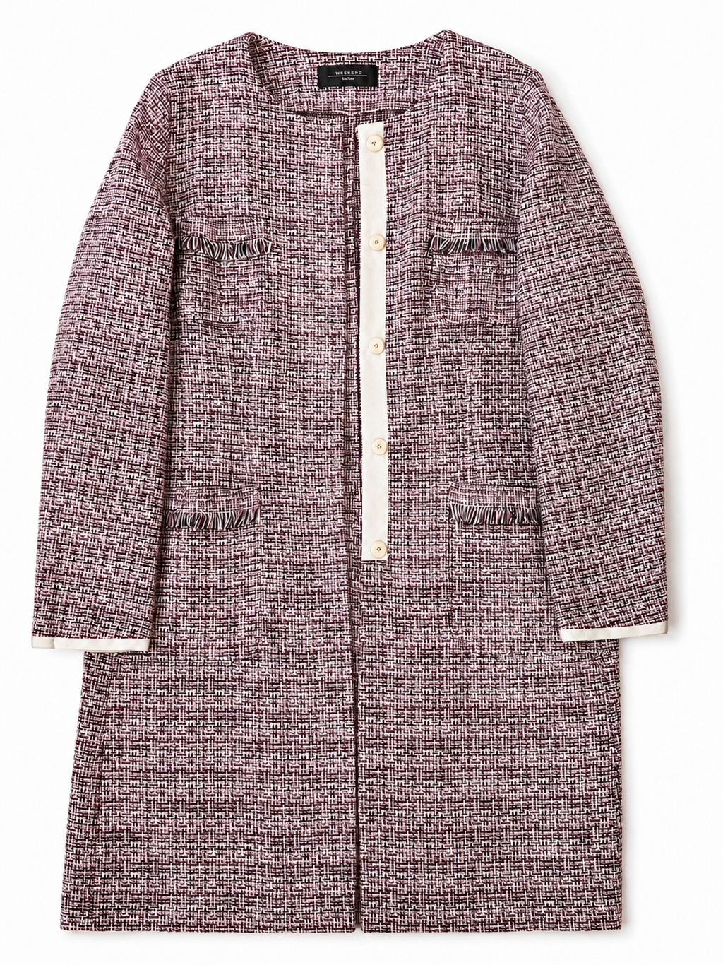 Weekend Max Mara Tweed Coat Jacket Collarless Burgundy Cotton Blend Italy 44 / UK 16