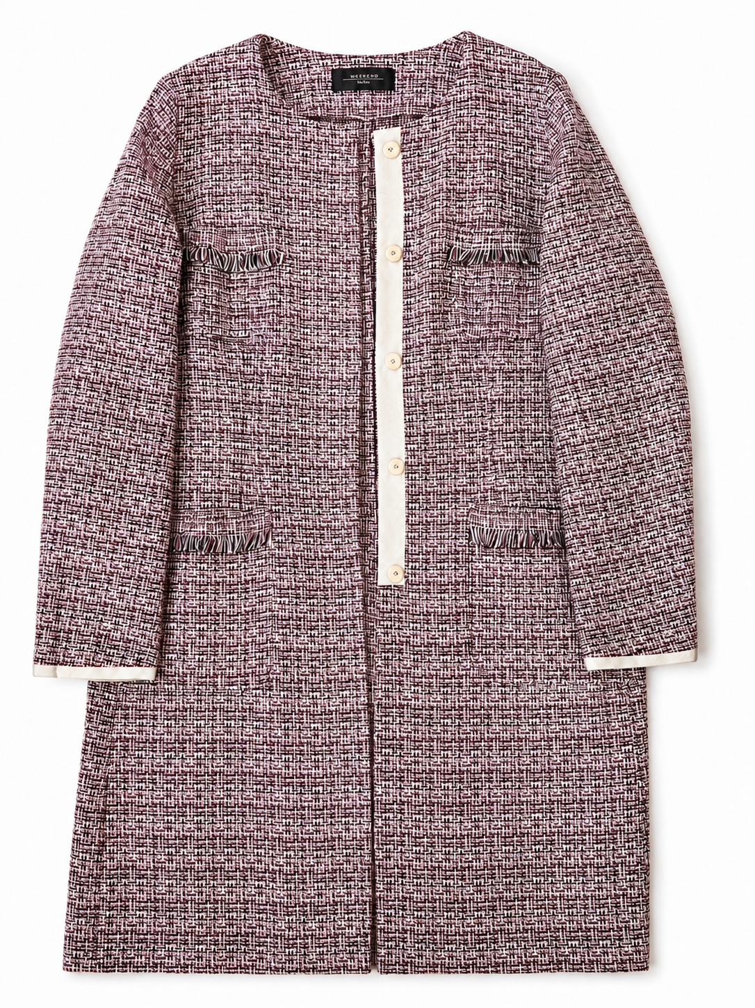 Weekend Max Mara Tweed Coat Jacket Collarless Burgundy Cotton Blend Italy 44 / UK 16