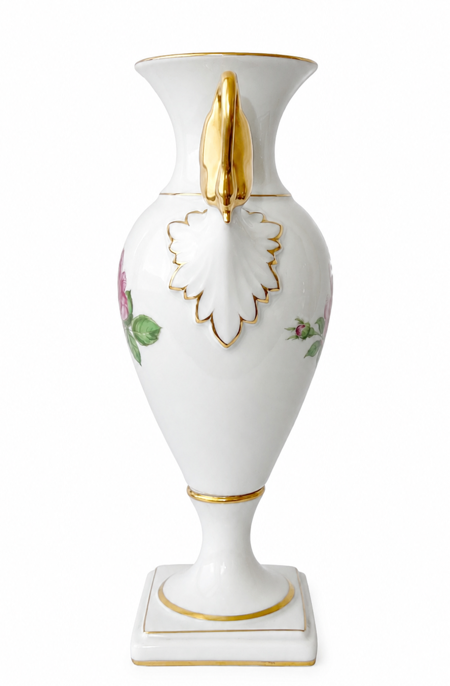 AK Kaiser Amphora Vase, Moss Rose Porcelain Swan Handle Vase, 24K Gold, West Germany