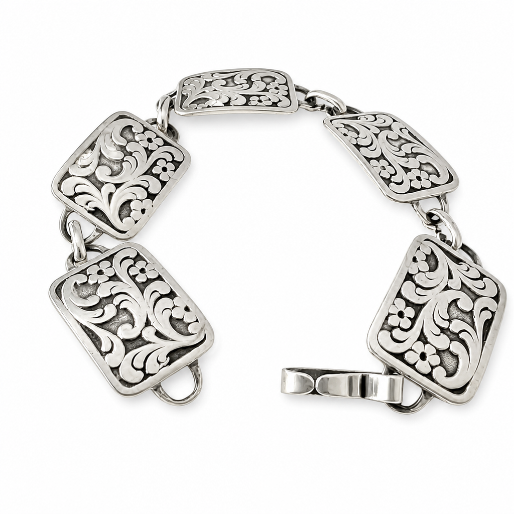 Vintage 835 Silver Floral Panel Bracelet
