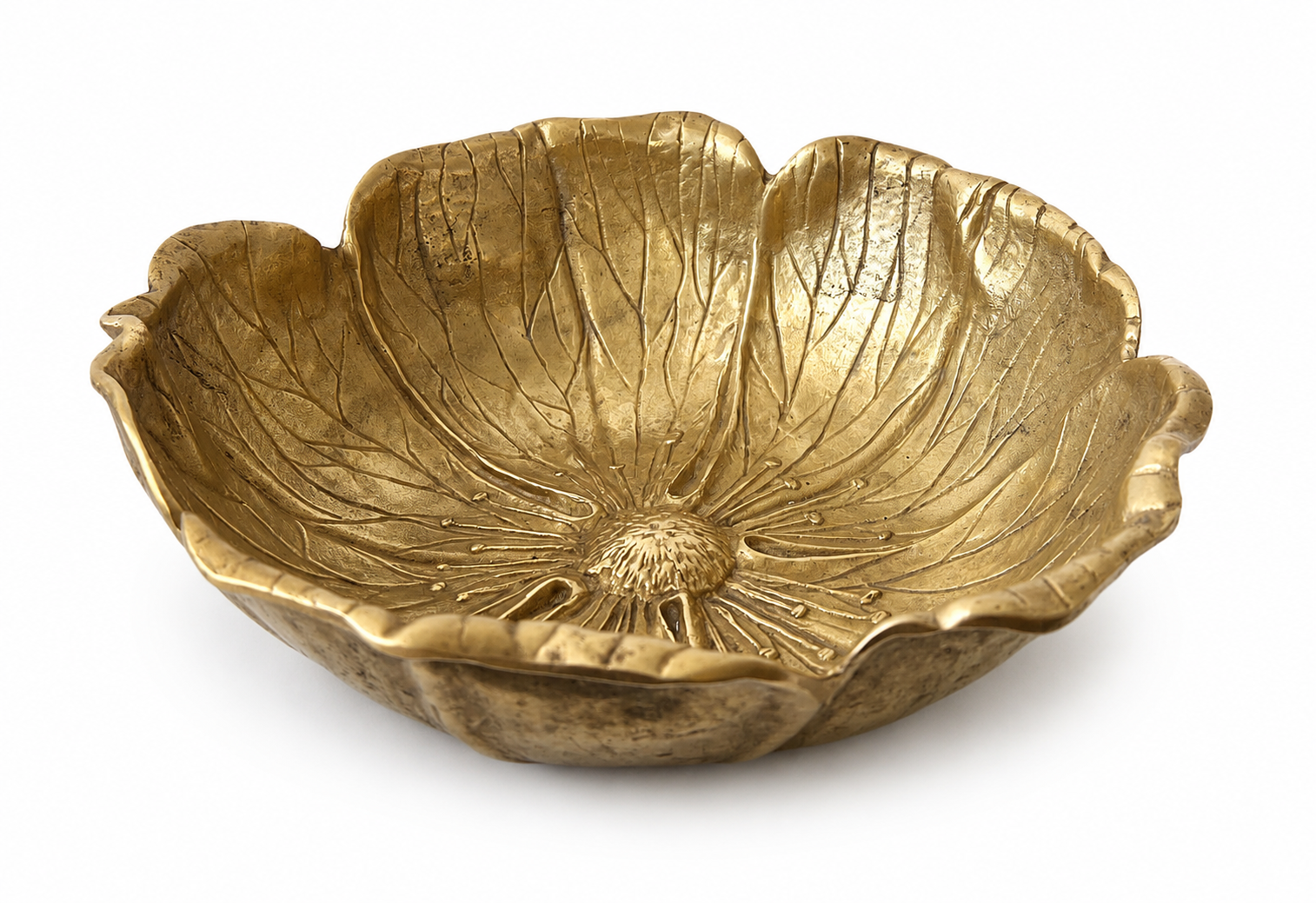 Vintage Solid Brass Flower Bowl, Heavy Bronze Gold Sculptural Centrepiece, Large Floral Decorative Bowl