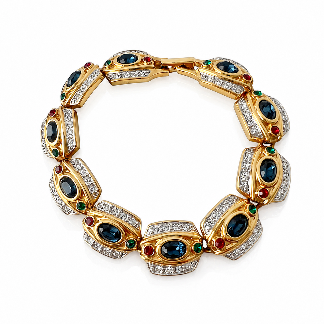 Vintage Gold Tone Multicolour Rhinestone Bracelet, Signed Statement Costume Jewellery