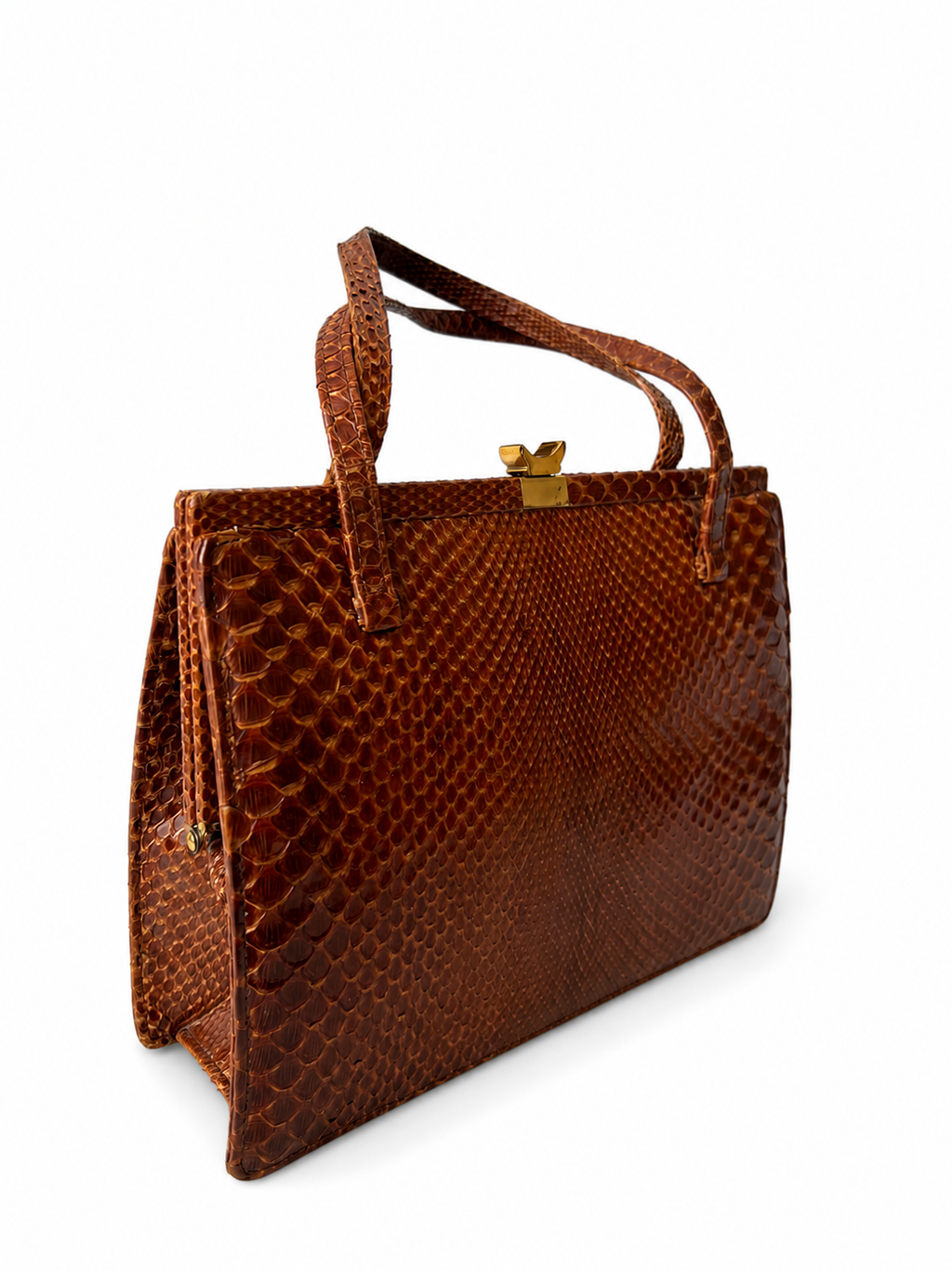 Vintage Brown Reptile Textured Leather Handbag With Brass Clasp And Leather Lining
