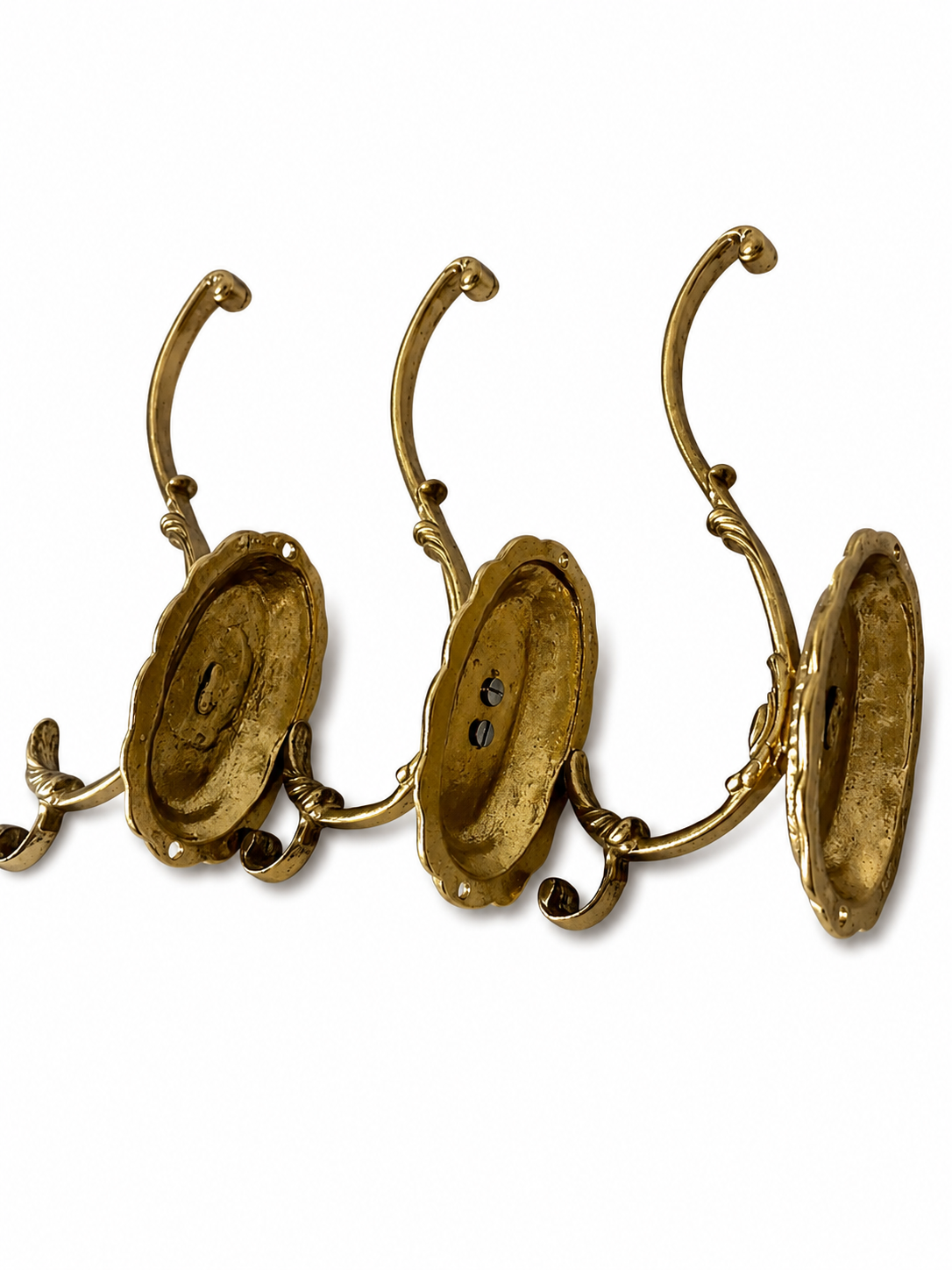 Set of 3 Large Vintage Brass Wall Hooks, Ornate Coat Hat Towel Hangers