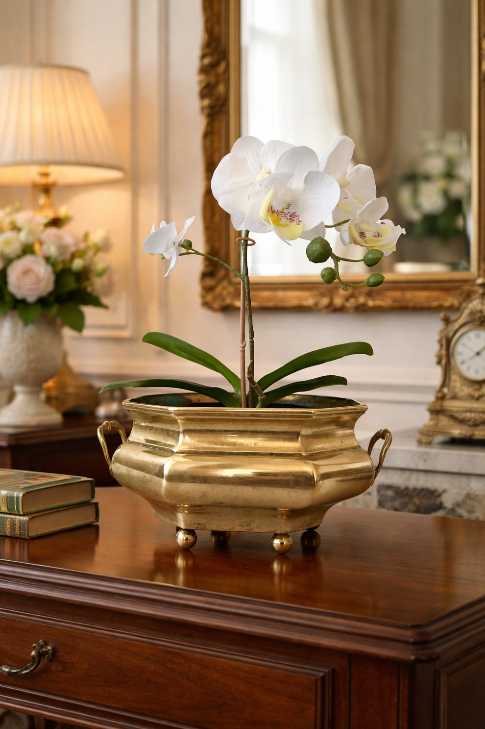 Vintage Brass Jardiniere Planter, Octagonal Cache Pot with Handles and Ball Feet